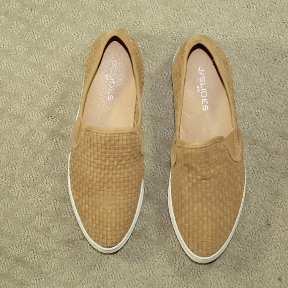 J/Slides Women's 7.5M Tan Woven Leather Loafers - Picture 2 of 6